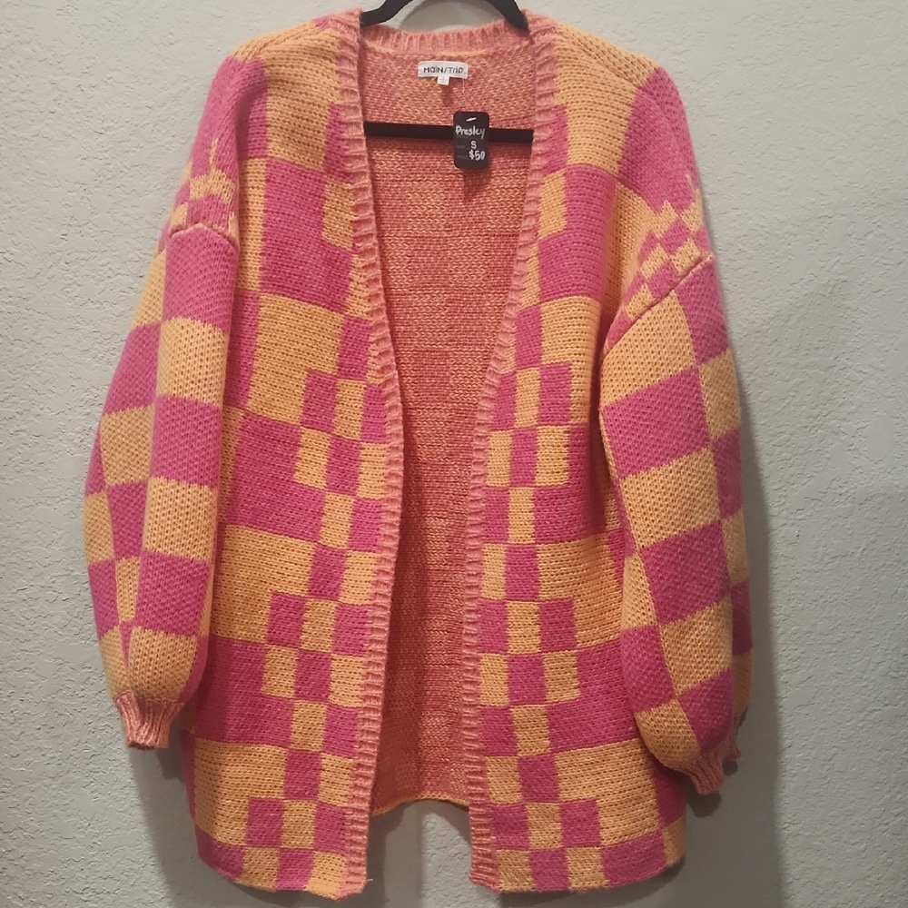 Pink and Orange Checkered Checkered Cardigan
